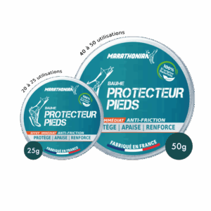 Baume Protecteur Pieds Marathonian en formats 25 g et 50 g, soin réparateur pour pieds secs et abîmés