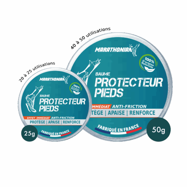 Baume Protecteur Pieds Marathonian en formats 25 g et 50 g, soin réparateur pour pieds secs et abîmés