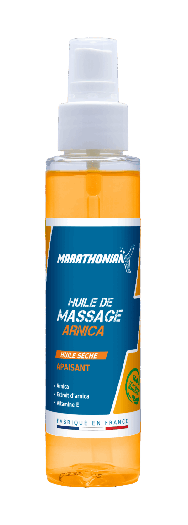 Huile de massage à l’arnica Marathonian, flacon pour récupération musculaire après le sport