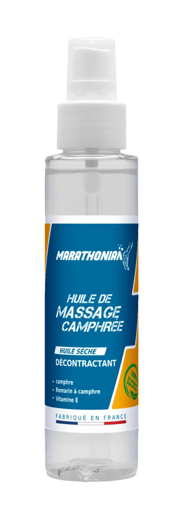 Huile de massage camphrée Marathonian, flacon pour préparation et récupération musculaire